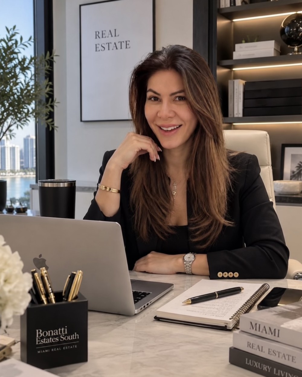 Founder Broker of Bonatti Estates South seated at her desk in the Miami office